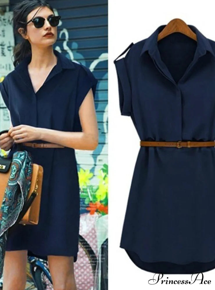 Short Sleeve Women’s Shirt Blouse Dress with Belt M / Blue