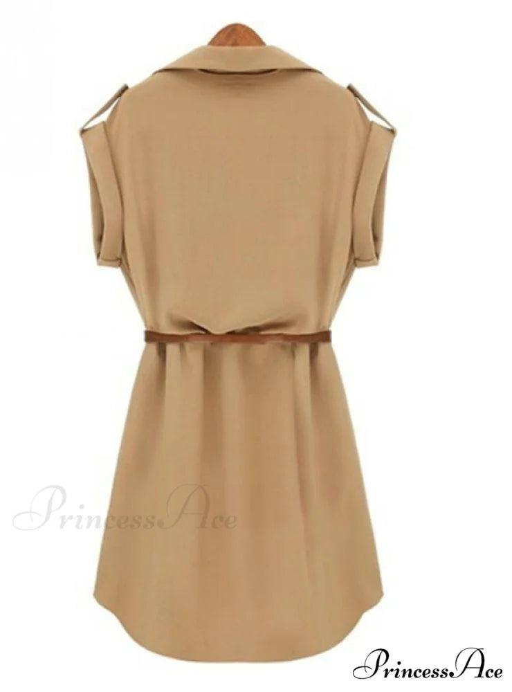 Short Sleeve Women’s Shirt Blouse Dress with Belt M / Khaki