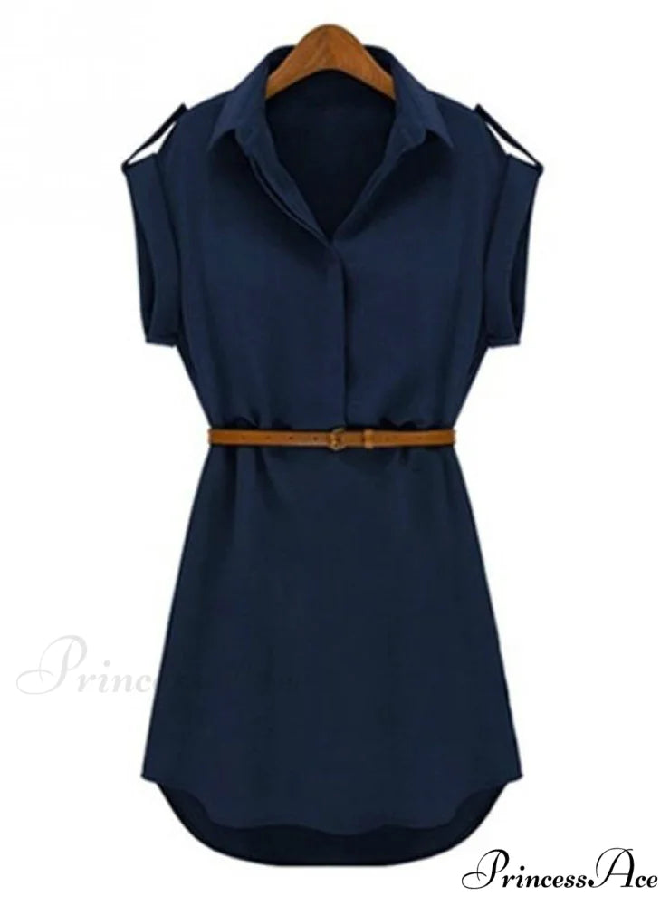 Short Sleeve Women’s Shirt Blouse Dress with Belt S / Khaki