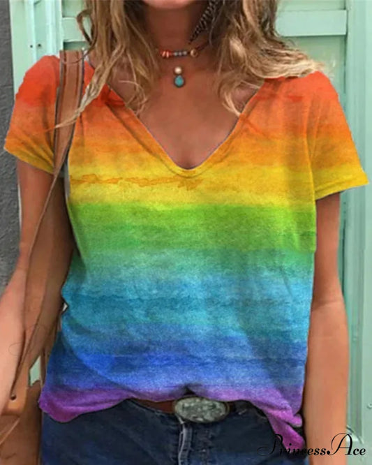 short-sleeved print rainbow V-neck t-shirt Orange / S