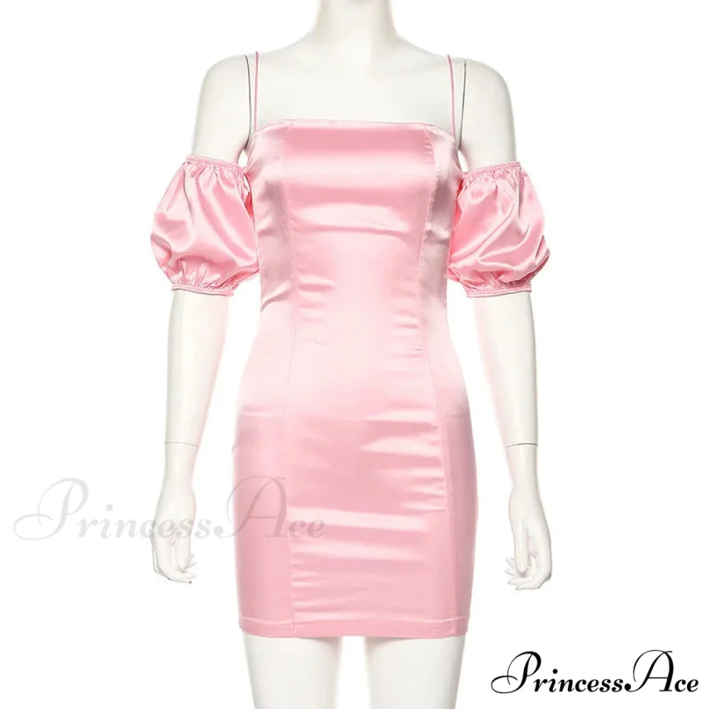 Short-sleeved Solid Strapless Mini Elegant Party Evening Fashion Bodycon Dress Pink / S