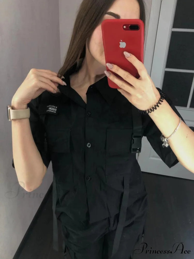 Short-Sleeved Tie Fashion Womens Spring High-Waist Streetwear Loose Blouse Pants Ribbon Autumn Straight with Cargo Set