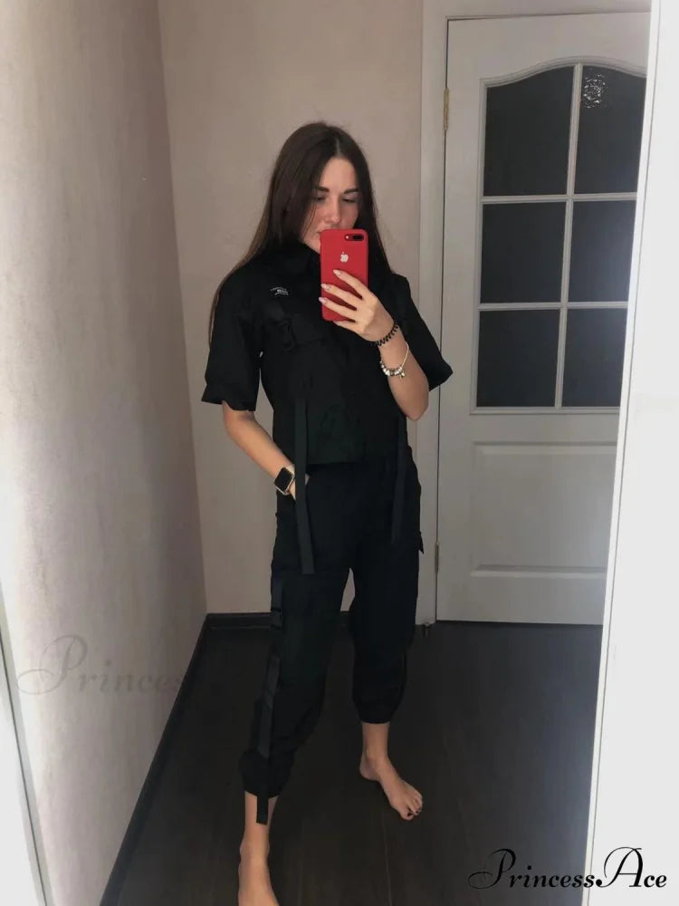 Short-Sleeved Tie Fashion Womens Spring High-Waist Streetwear Loose Blouse Pants Ribbon Autumn Straight with Cargo Set