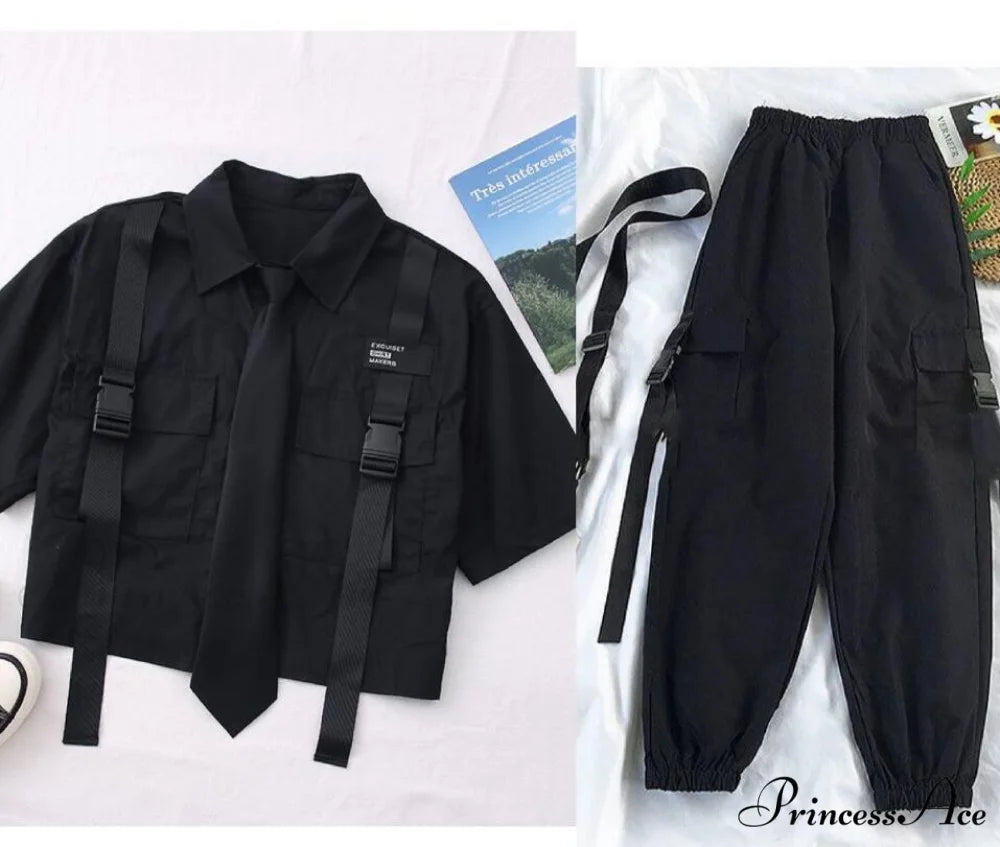 Short-Sleeved Tie Fashion Womens Spring High-Waist Streetwear Loose Blouse Pants Ribbon Autumn Straight with Cargo Set