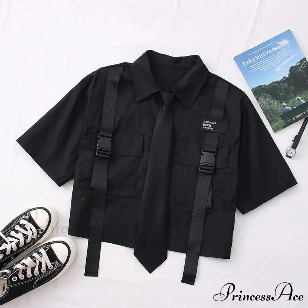 Short-Sleeved Tie Fashion Womens Spring High-Waist Streetwear Loose Blouse Pants Ribbon Autumn Straight with Cargo Set