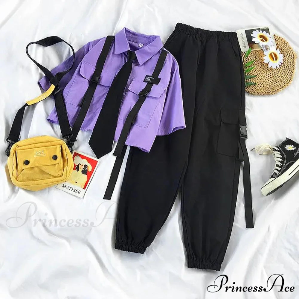 Short-Sleeved Tie Fashion Womens Spring High-Waist Streetwear Loose Blouse Pants Ribbon Autumn Straight with Cargo Set