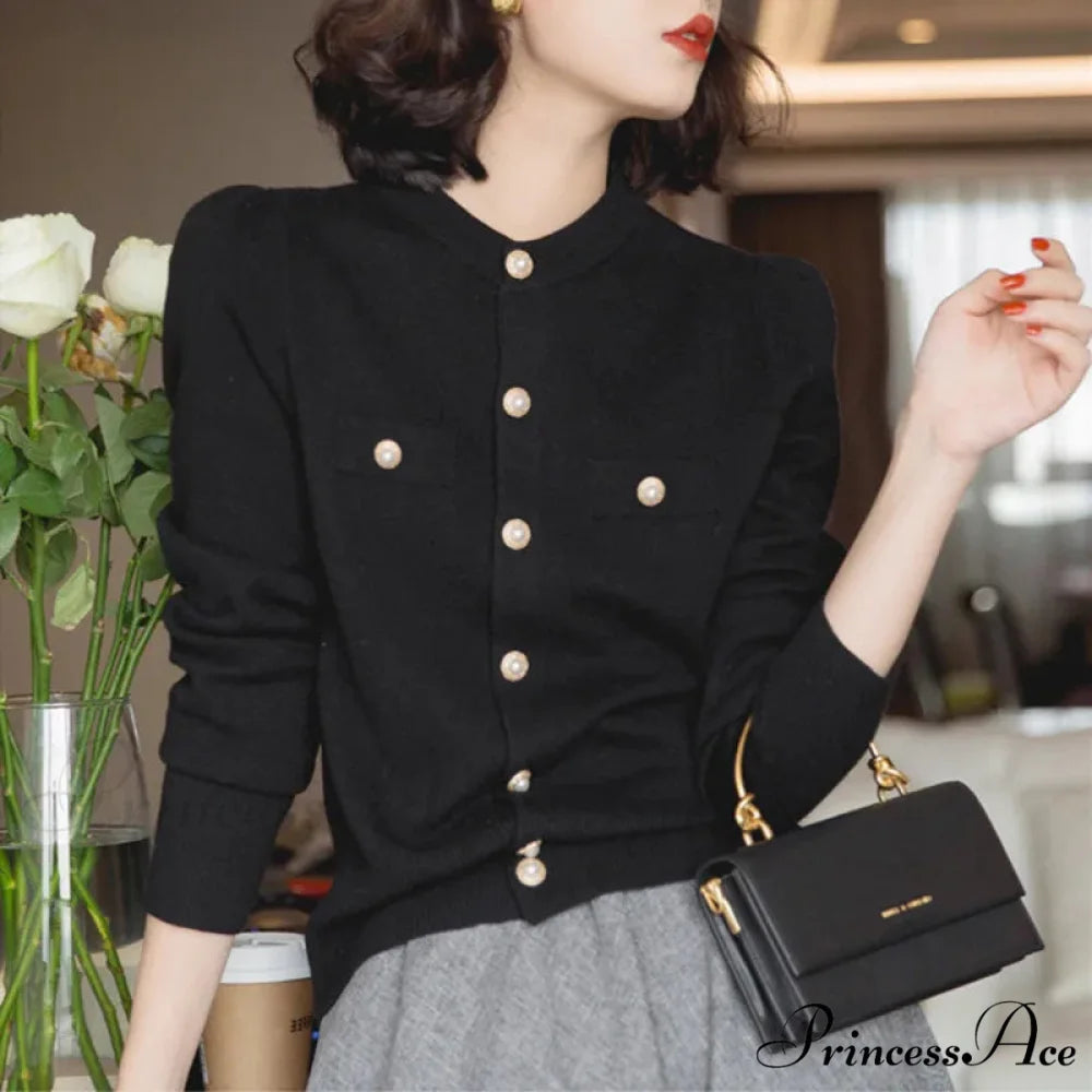 Short Slim Single Breasted Knit Cardigan Black / One Size