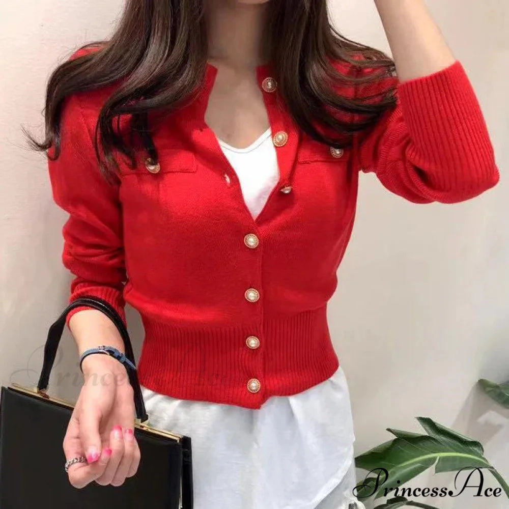 Short Slim Single Breasted Knit Cardigan Red / One Size