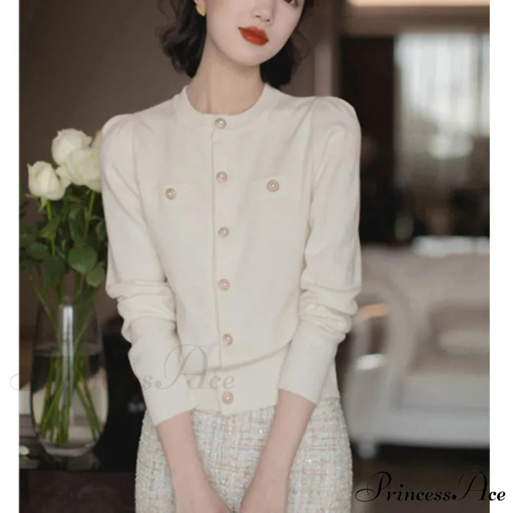 Short Slim Single Breasted Knit Cardigan WHITE / One Size