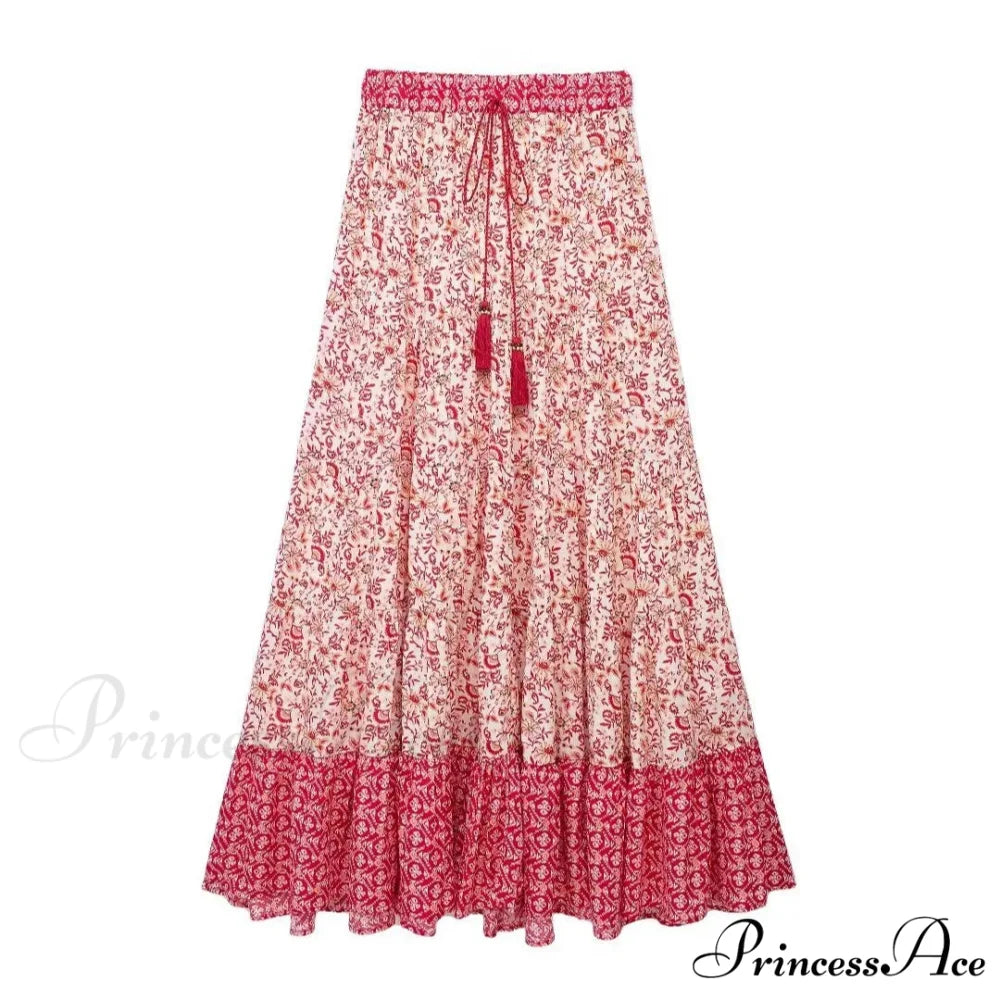 Short Waist A-line Seaside Skirt Floral Crimson Maxi Frilled Vacation skirt-250126