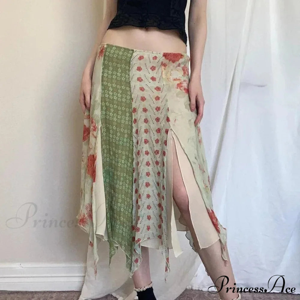 Short Waist Hippie Skirts Uneven Size Flower Chiffon Holiday floral printing / S skirt-250126