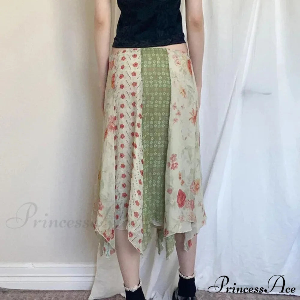 Short Waist Hippie Skirts Uneven Size Flower Chiffon Holiday skirt-250126