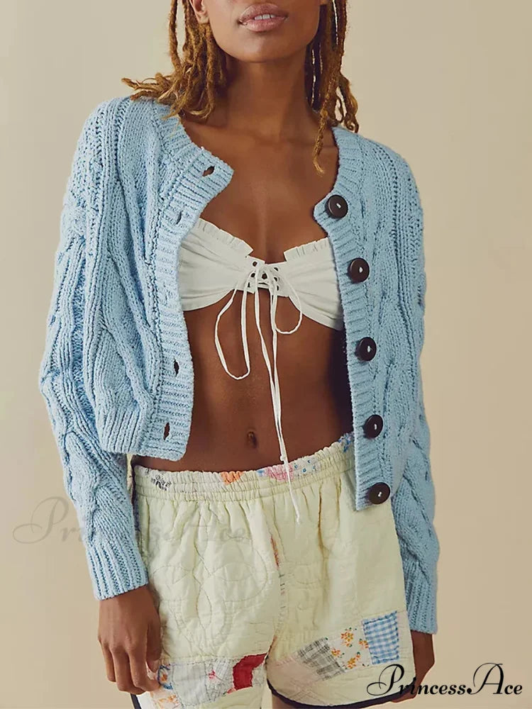 Shortened Cable Knit Button-Up Sweater blue / S cardigans-241228