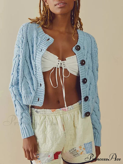 Shortened Cable Knit Button-Up Sweater blue / S cardigans-241228
