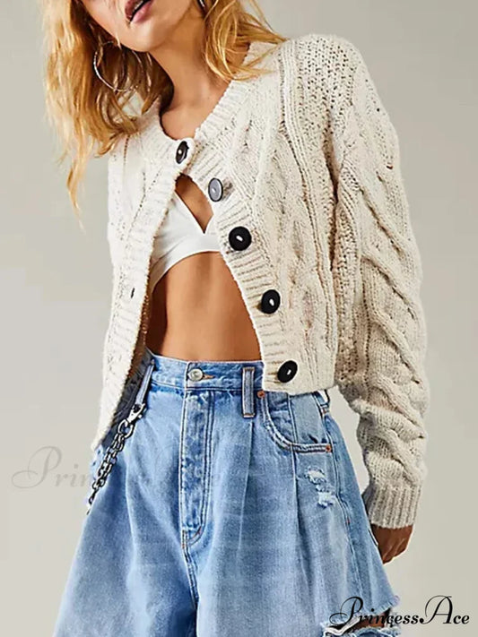 Shortened Cable Knit Button-Up Sweater cardigans-241228