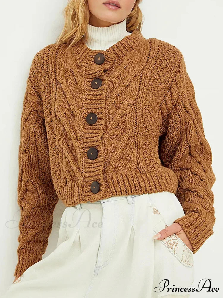 Shortened Cable Knit Button-Up Sweater coffee / S cardigans-241228