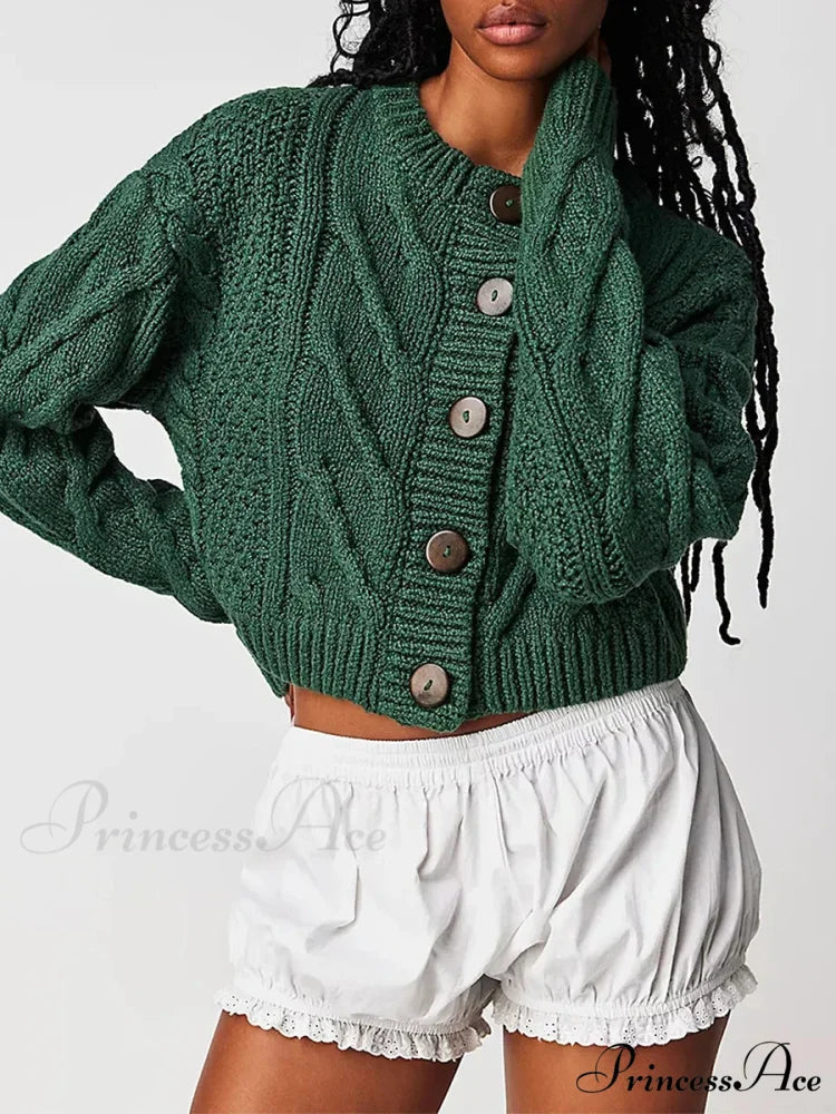 Shortened Cable Knit Button-Up Sweater green / S cardigans-241228