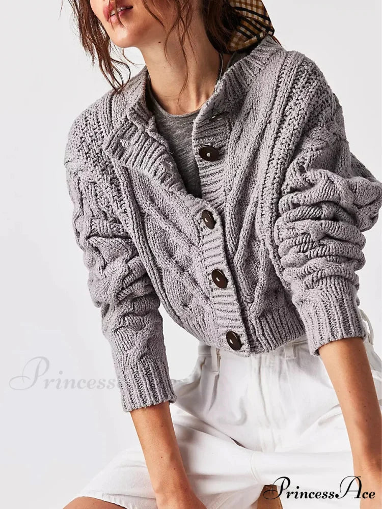 Shortened Cable Knit Button-Up Sweater grey / S cardigans-241228