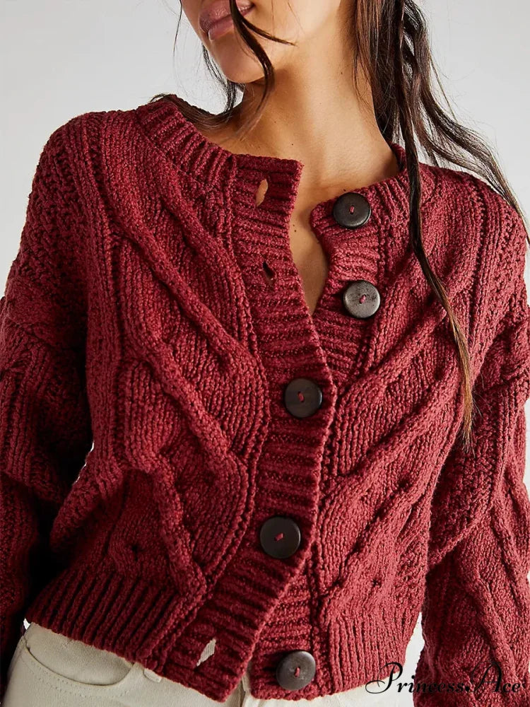 Shortened Cable Knit Button-Up Sweater wine red / S cardigans-241228