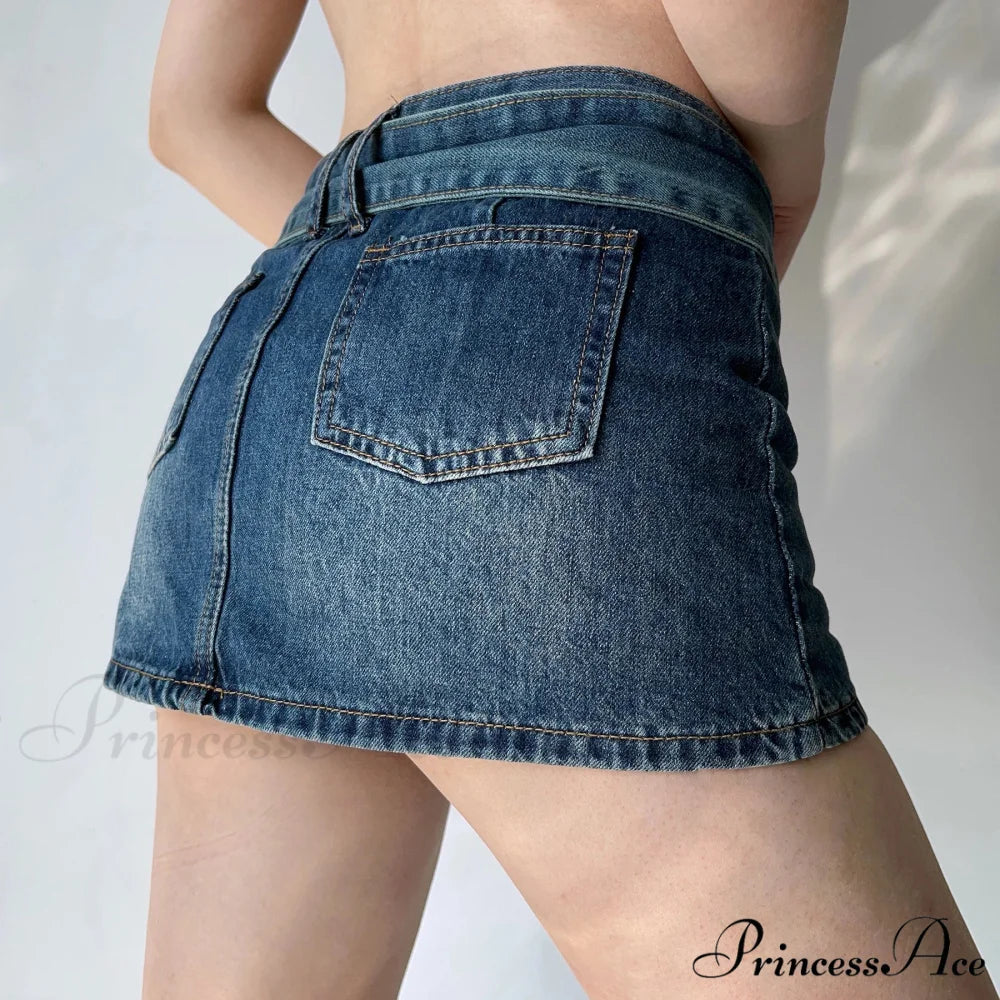 Shortened Worn-Out Navy Denim Skirt skirts-250223