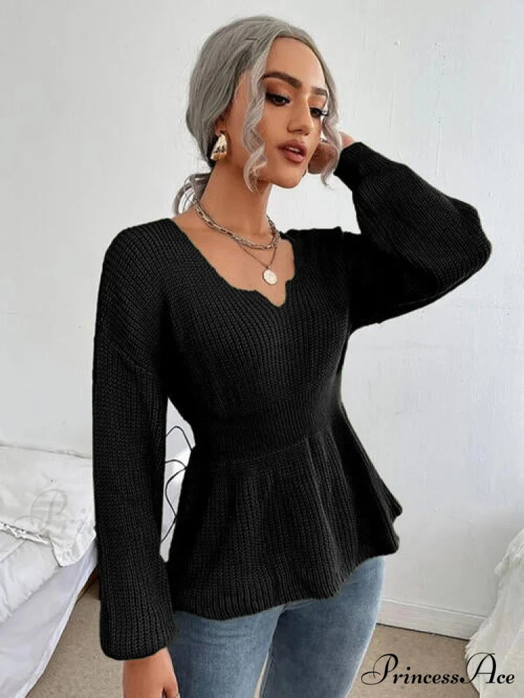 Shoulder Arm Knit Notched Dropped Top with Long Detail