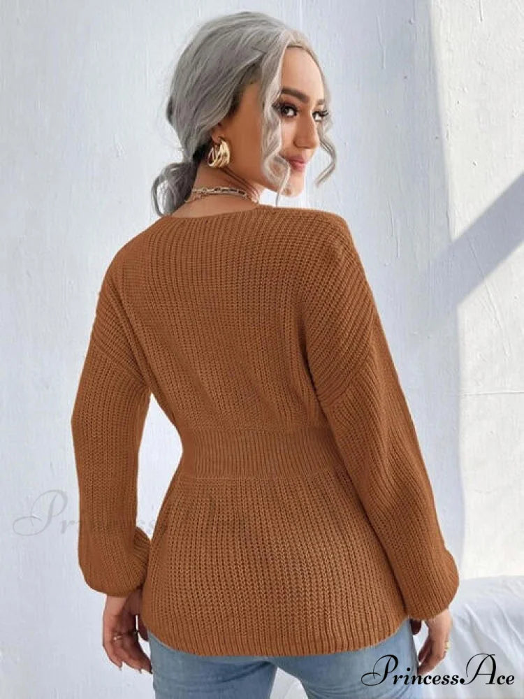 Shoulder Arm Knit Notched Dropped Top with Long Detail