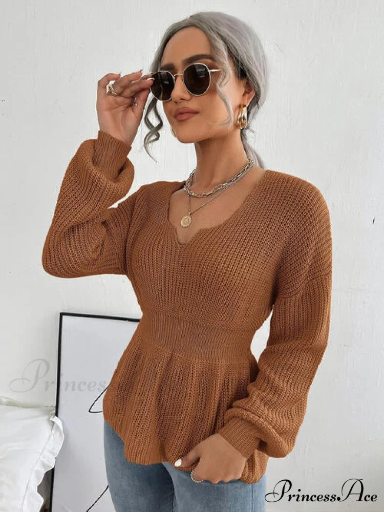 Shoulder Arm Knit Notched Dropped Top with Long Detail Caramel / S