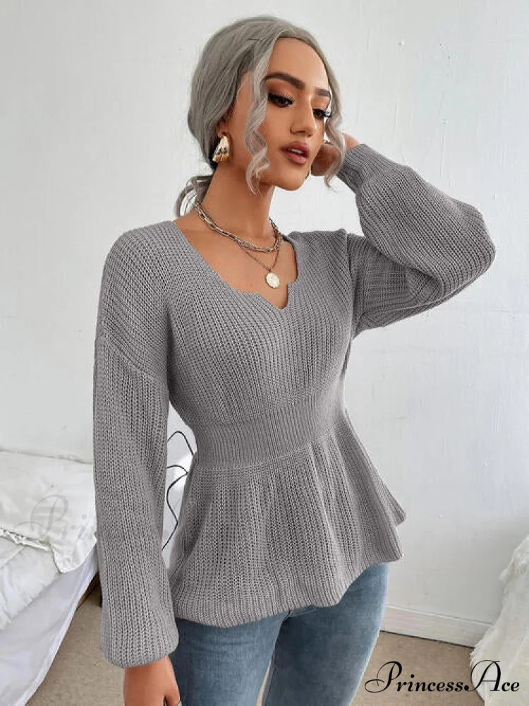 Shoulder Arm Knit Notched Dropped Top with Long Detail Cloudy Blue / S