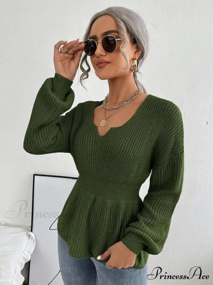 Shoulder Arm Knit Notched Dropped Top with Long Detail Green / S