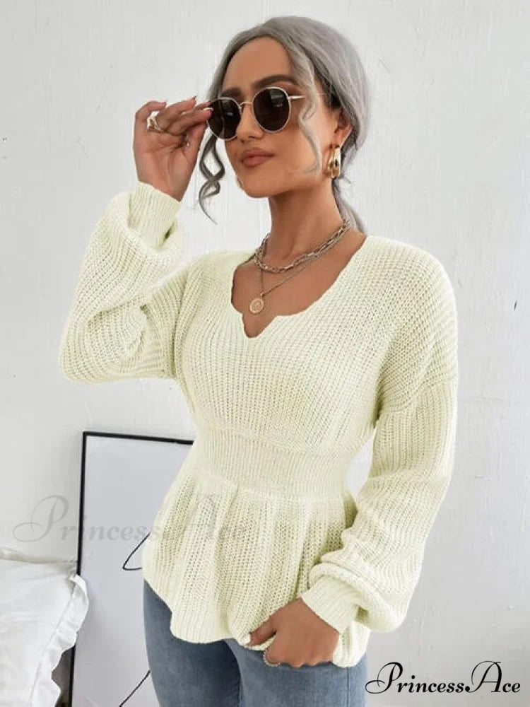 Shoulder Arm Knit Notched Dropped Top with Long Detail Ivory / S