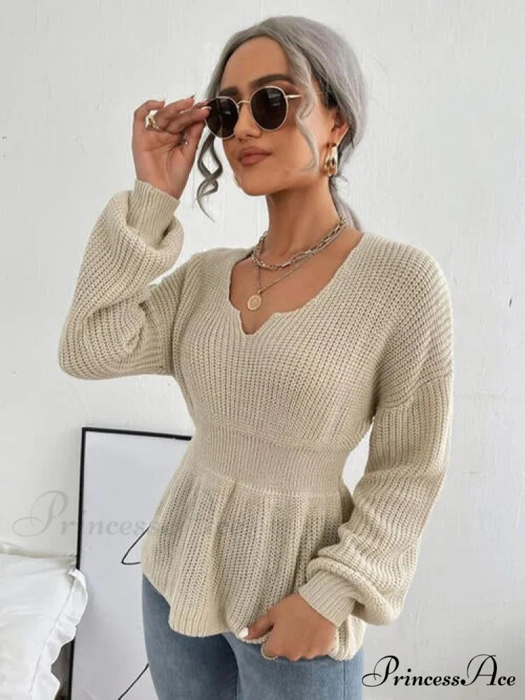 Shoulder Arm Knit Notched Dropped Top with Long Detail Khaki / S