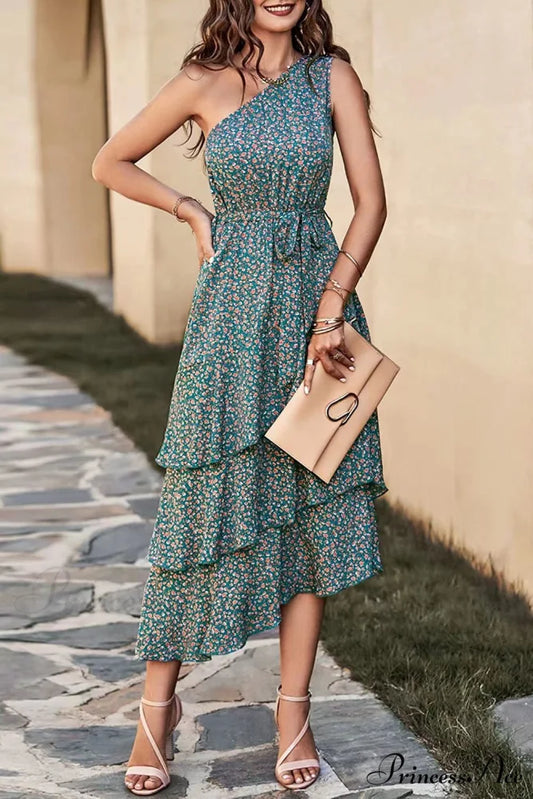 Shoulder One with Trim Gown Green Ruffle Print S / Black