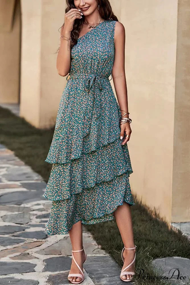 Shoulder One with Trim Gown Green Ruffle Print S / Blue