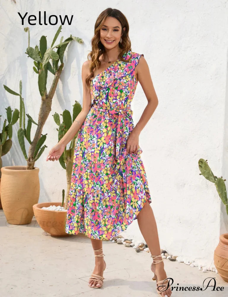 Shoulder Patterned One Dress L / yellow