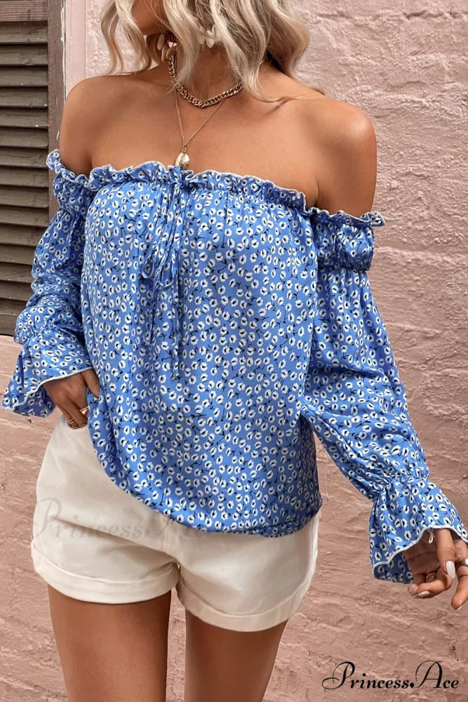 Shoulder Patterned with Off Blouse Frill Trim Cobalt Blue / S