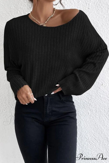 Shoulder Round Ribbed Neck Arm Long Drop Shirt