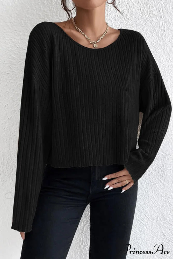 Shoulder Round Ribbed Neck Arm Long Drop Shirt Black / S
