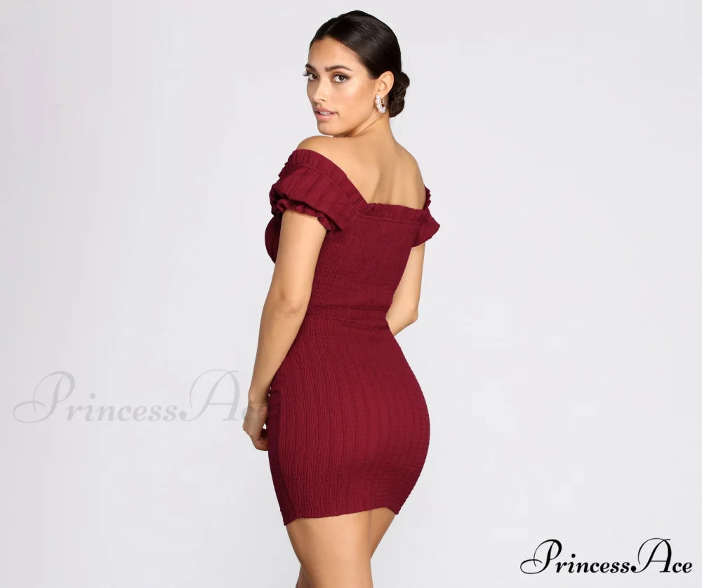 Show ’Em Off Charming Shoulder Smocked Mini Dress