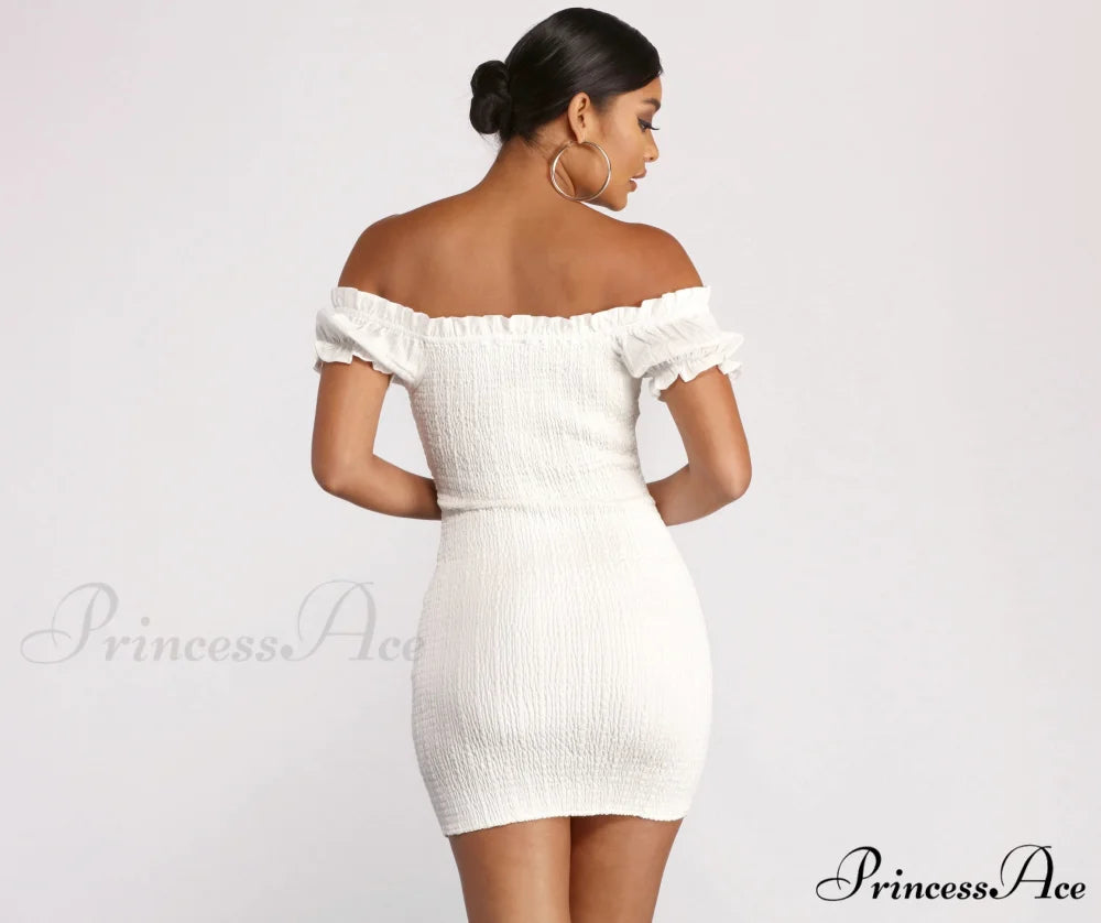 Show ’Em Off Charming Shoulder Smocked Mini Dress