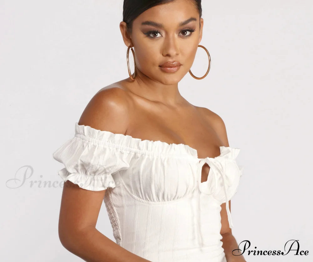 Show ’Em Off Charming Shoulder Smocked Mini Dress