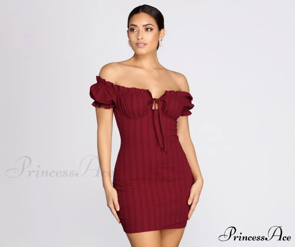 Show ’Em Off Charming Shoulder Smocked Mini Dress BURGUNDY / XS