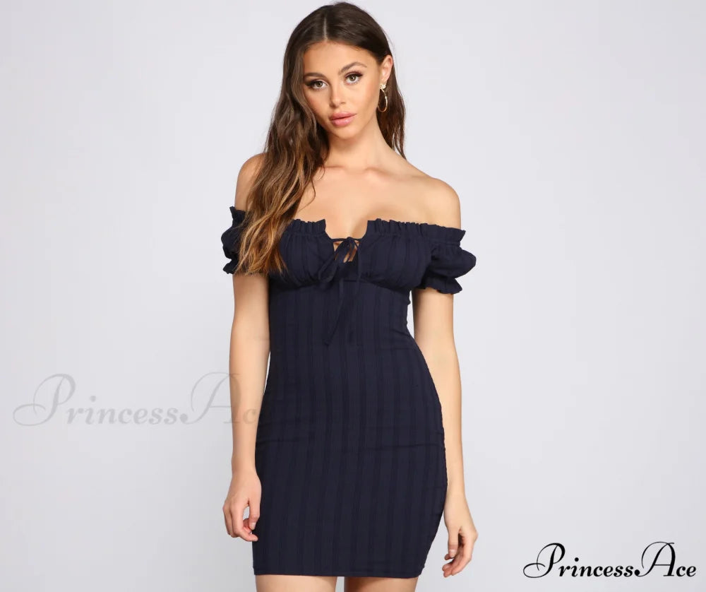 Show ’Em Off Charming Shoulder Smocked Mini Dress NAVY / XS