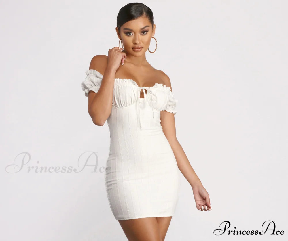 Show ’Em Off Charming Shoulder Smocked Mini Dress WHITE / XS