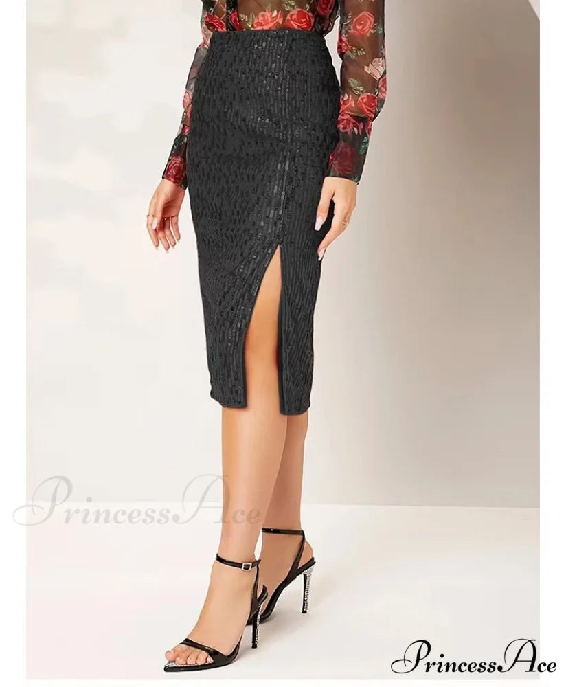 Side Slit Solid Color Tight Over Knee Slim Skirt Black / S