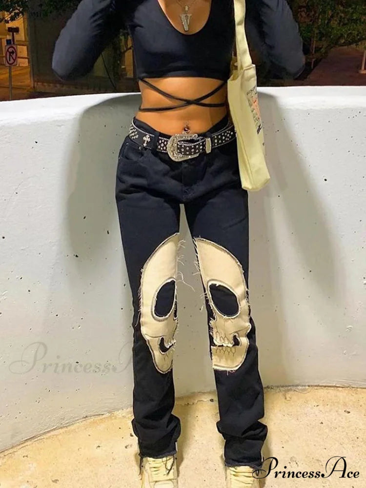 Sifreyr Skeleton Patterned Low Waist Jeans