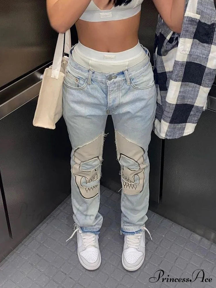 Sifreyr Skeleton Patterned Low Waist Jeans