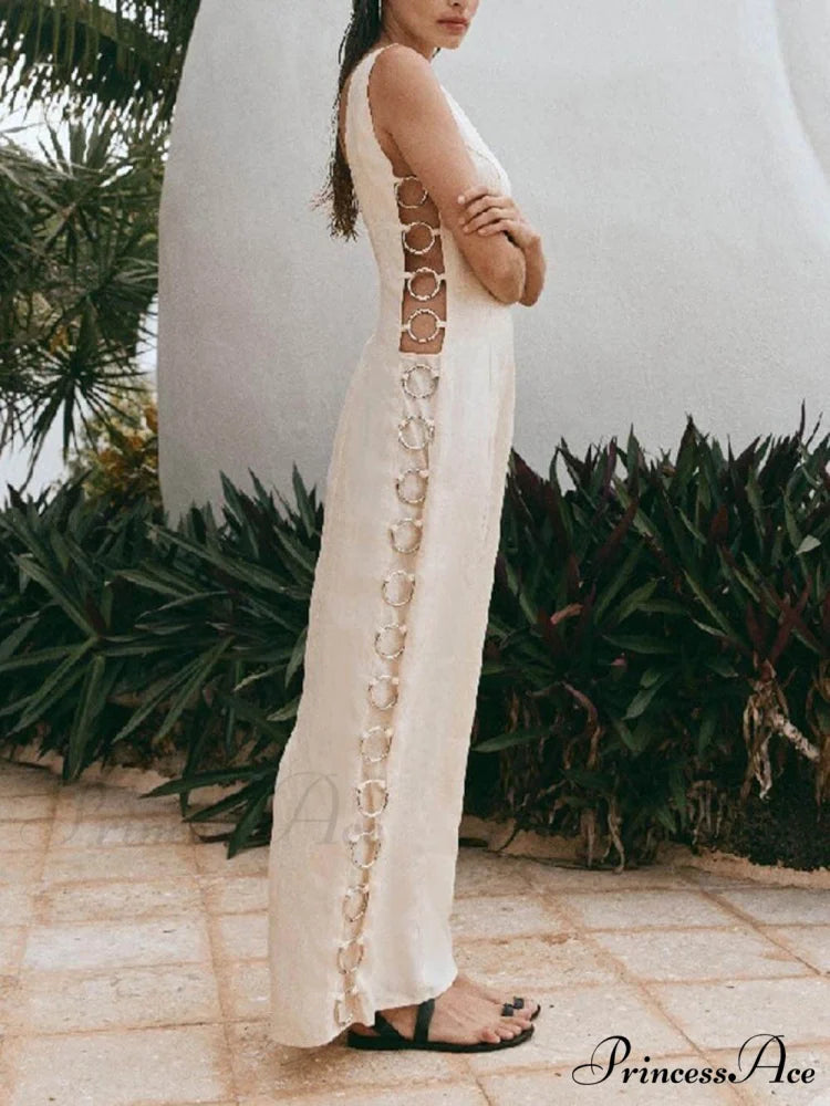 Signature Printed Hoop-Embellished Charming Sleeveless Midi Dress