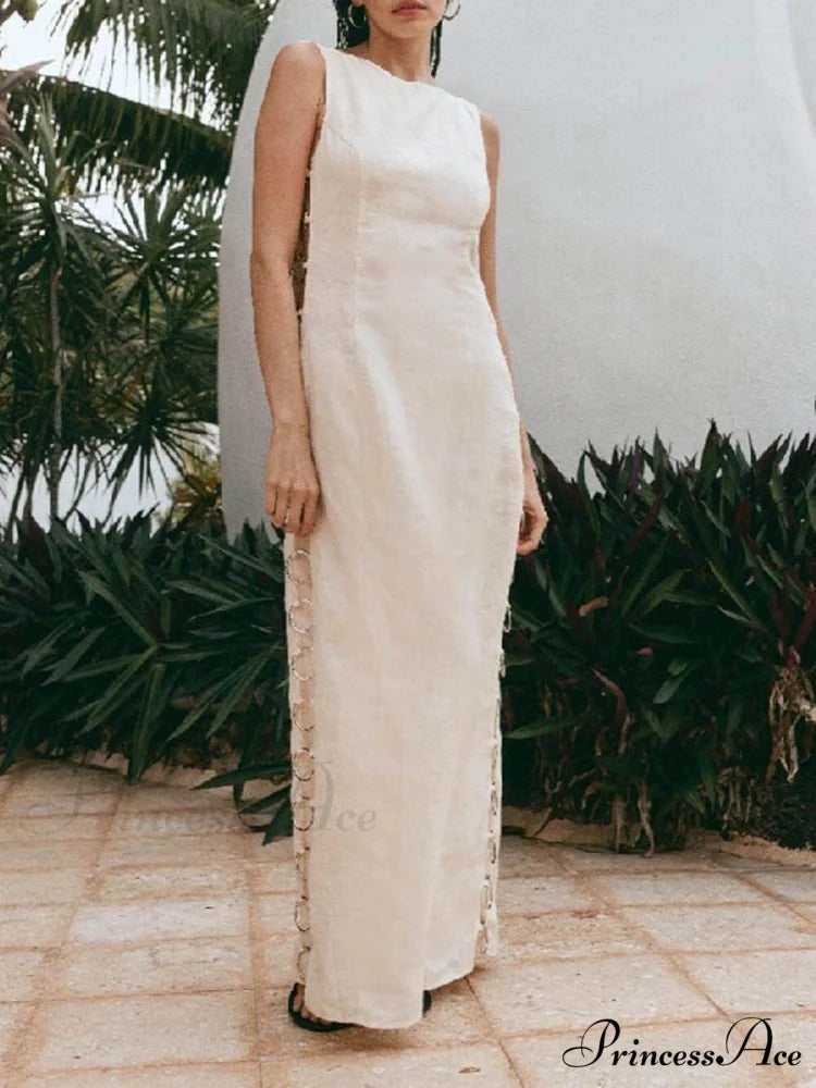 Signature Printed Hoop-Embellished Charming Sleeveless Midi Dress White / S