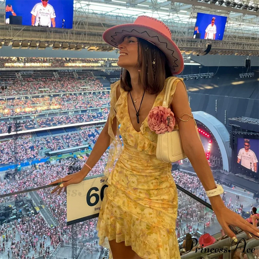 Silk Mesh Patterned Holiday Dress Yellow / S vacationdress-250223