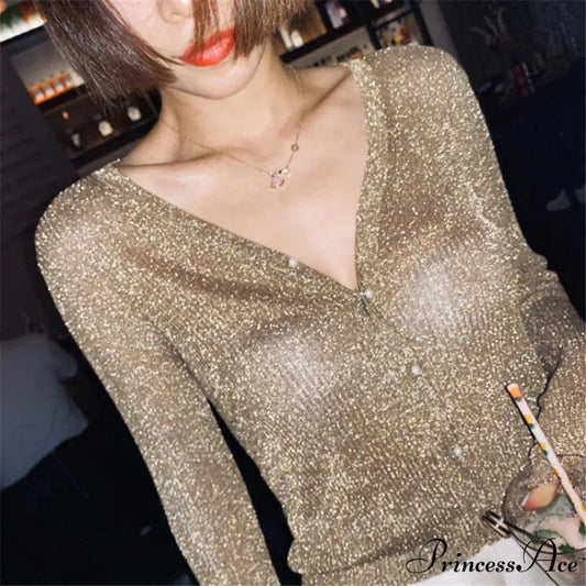 Silk Pearl Button V-neck Cardigan Gold / S